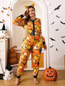 Plus Size Women's Halloween Full Print Half Button Front Long Sleeve Jumpsuit Pajamas, Fall - Orange - View 3