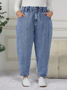 SHEIN CURVE+ 大码女式休闲时尚百搭简约松紧腰牛仔裤