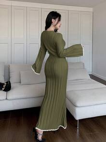 Feyla Vestido de suéter de manga larga ajustado para mujer, adecuado para uso diario en otoño/invierno - Verde militar - Ver 5