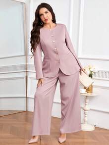 Modelyn Damen Große Größen Einfarbiger Langarm Einreihiger Jacken- und Hosen Eleganter Anzug Set für Herbst/Winter - Babypink - Übersicht 6