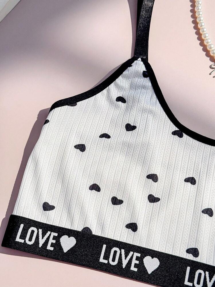 Plus Size Women Letter & Heart Pattern Casual Lingerie Set - Black and White - View 4