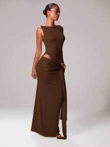 MUSERA 斜领系带垂褶修身无袖长款连衣裙，适合伊比沙岛度假、春夏节日派对、锐舞派对、海滩装扮、浪漫舞会、毕业典礼、优雅生日派对、婚礼宾客、秋季夜晚外出、约会之夜、秋季/夏季服装、假日长裙 - 巧克力棕 - 查看 4