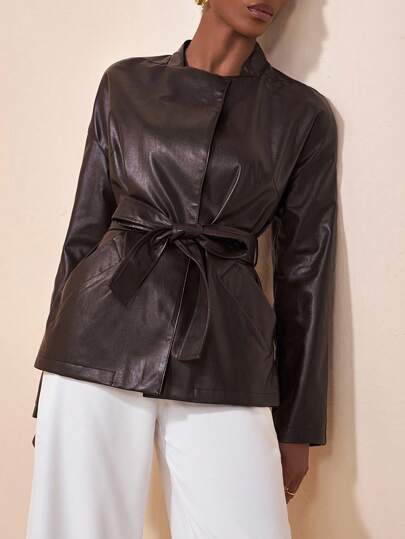 Zivah 2025 Herbst/Winter Neue elegante Pendler & Lässig & Party Loose einfarbige PU-Lederjacke, brauner Stehkragen Langarm mit Taschen