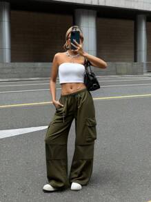 SHEIN Loose Casual Comfortable Mid-Waist Cargo Pocket Straight Leg Pants For Teen Girls Fall Winter - Army Green - View 9