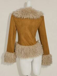 SHEIN ICON Women's Faux Fur & Suede Patchwork Jacket, Western Style, Retro Y2K Sexy, Autumn/Winter