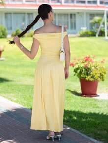 Andrea Bello 女士优雅无袖圆领长款褶皱连衣裙，修身款，休闲，通勤，春夏 - 黃色 - 查看 2