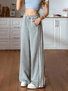 EURMUSE Lace-Trimmed Elegance With A Sparkle Touch Glamorous Details Shine With Every Step Rhinestone Accents Meet Delicate Lace Statement Pants With Feminine Edges Dazzle In Every Move Touch Of Lace, Hint Of Glam Perfect Balance Of Bold And Elegant Sparkle Up Your Style With Lace Details - Grey - View 6