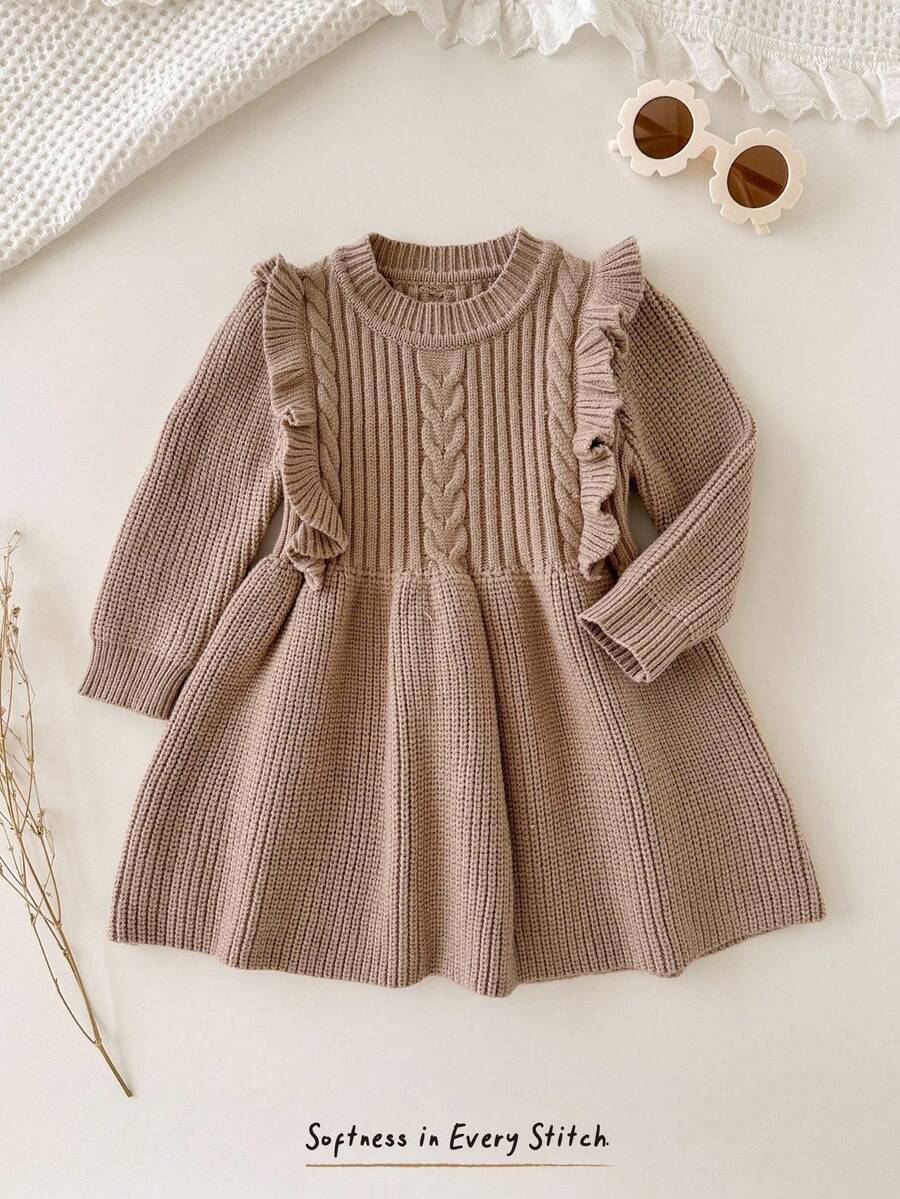 Cozy Pixies 女婴纯色圆领荷叶边下摆长袖腰部合身针织毛衣裙