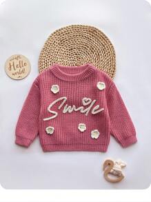 SHEIN Babygirl 可爱粉色字母图案长袖毛衣，百搭秋冬 - 粉色 - 查看 1