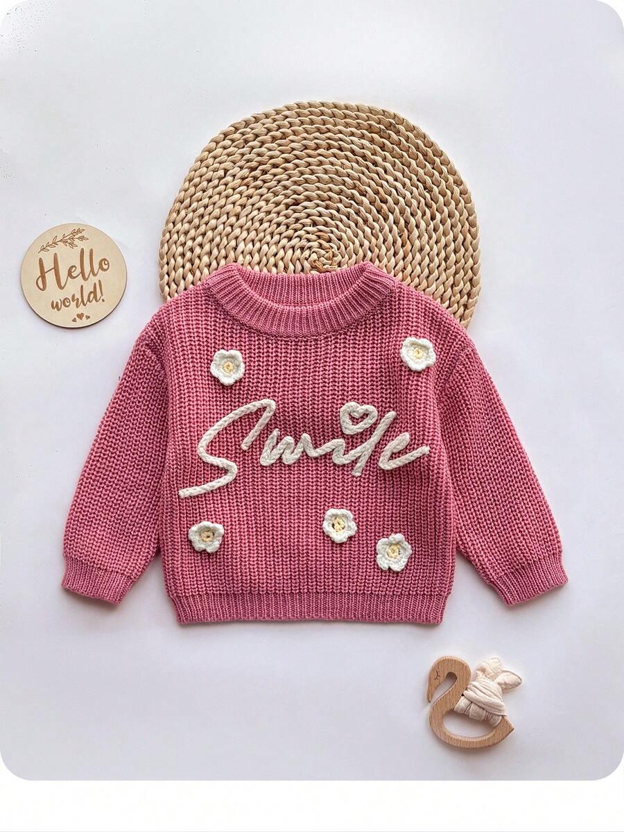 SHEIN Babygirl 可爱粉色字母图案长袖毛衣,百搭秋冬 - 粉色 - 查看 1