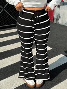 SHEIN EZwear 大码春季休闲条纹抽绳腰喇叭裤 - 黑色 - 查看 3