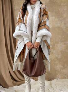 Flirla Cappotto con cappuccio oversize con patchwork a quadri, frange soffici, adatto per l'autunno e l'inverno - Multicolore - Visualizzare 6