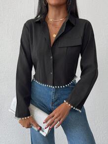 RueChic 100% Cotton Women Long Sleeve Faux Pocket Pearl Detail Shirt - Black - View 4