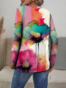 INAWLY Plus Size Watercolor Tie Dye Lotus Leaf Print Long Sleeve Women T-Shirt Graphic Tees Women Tops For Spring Fall