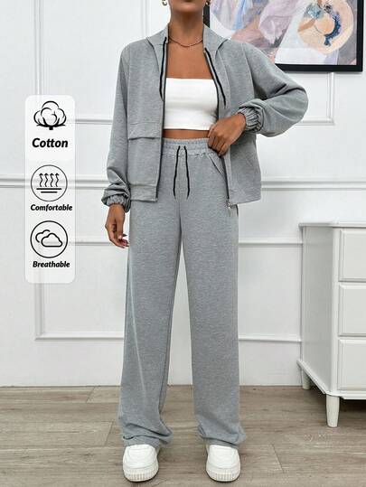 SHEIN Cottnline TWO PIECES TWO THREAD LIGHT GREY HOODIE SWEATSHIRT AND SWEATPANT WITH SPARKLE STONE DETAIL