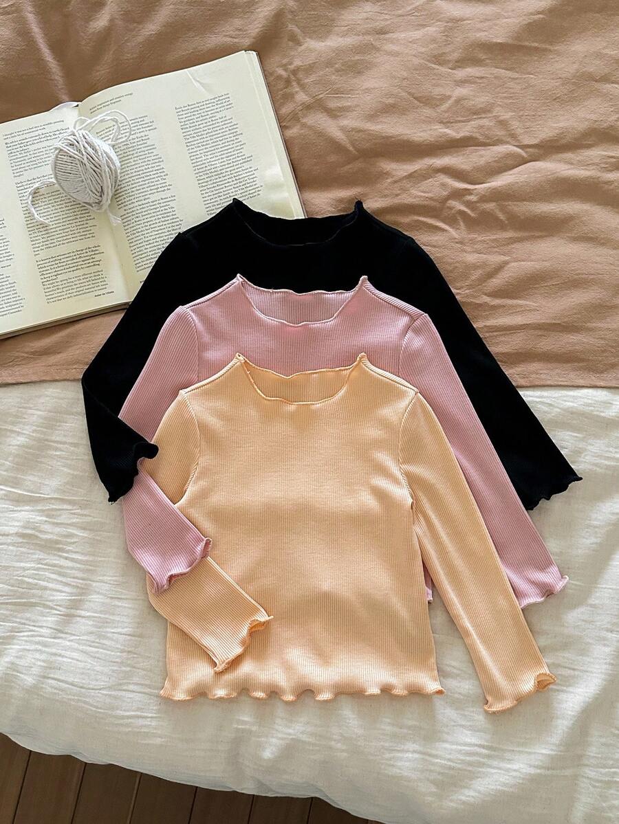 SHEIN LMoss Kids LMoss 3pcs/Set Baby Girls' Cute Knitted Heart Pattern Ruffled Hem Tops, Autumn/Winter Fall - Multicolor - View 1