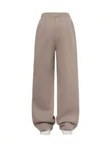 SHEIN 少女宽松休闲简约舒适圆领长袖运动衫和裤子套装，秋季服装 - 杏色 - 查看 6