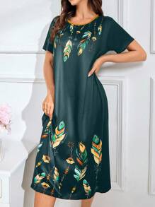 Women's Feather Print Crew Neck Short Sleeve Long Nightgown, Summer, Moo Moo - Multicolor - View 7