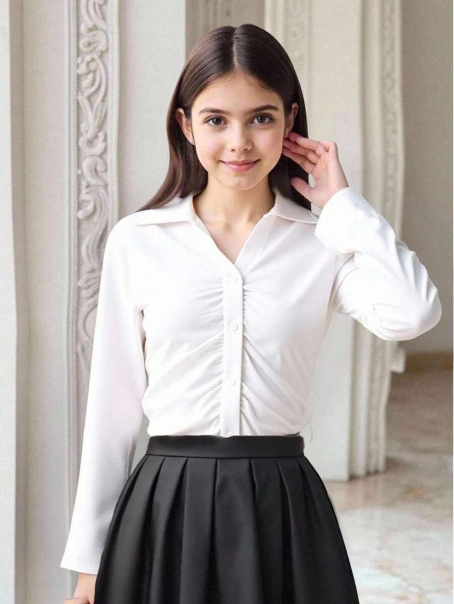 Tween Girl Korean Style V-Neck Pleated Long Sleeve Waist Shirt, Stylish & Versatile, Suitable For Commuting, Vacation, Spring & Autumn - White - View 1