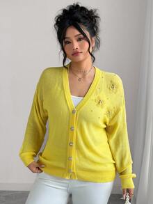 Elenzga Cárdigan de punto con cuello en V, unicolor, con bordado floral y cuentas, talla grande - Amarillo - Ver 5