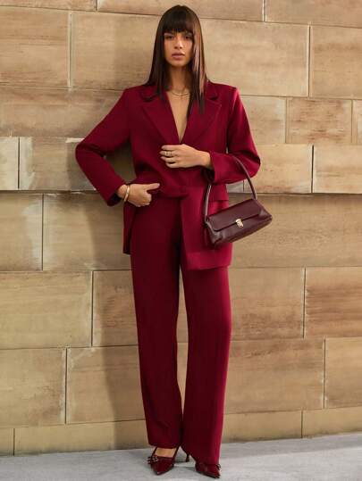 CLARA VERO Women Solid Color Button And Pocket Detailed Blazer And Pant Suit Sets