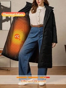 Zelara 大码纯色拉链连帽保暖羽绒服，秋冬季商务休闲工作秋季教师款 - 黑色 - 查看 1