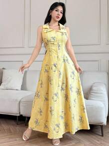 Modelyn 时尚浪漫的女士花卉印花长裙，采用特殊面料制成 - 黃色 - 查看 2