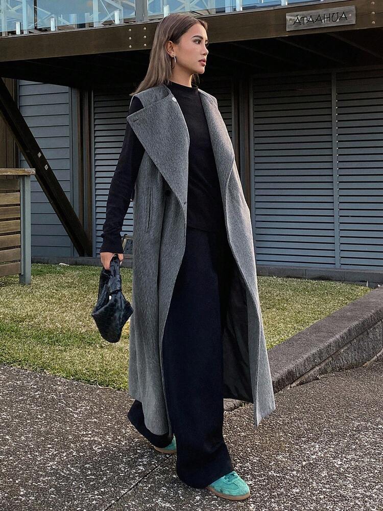 Women's Sleeveless Long Gray Woolen Coat, Casual & Business Versatile Vest