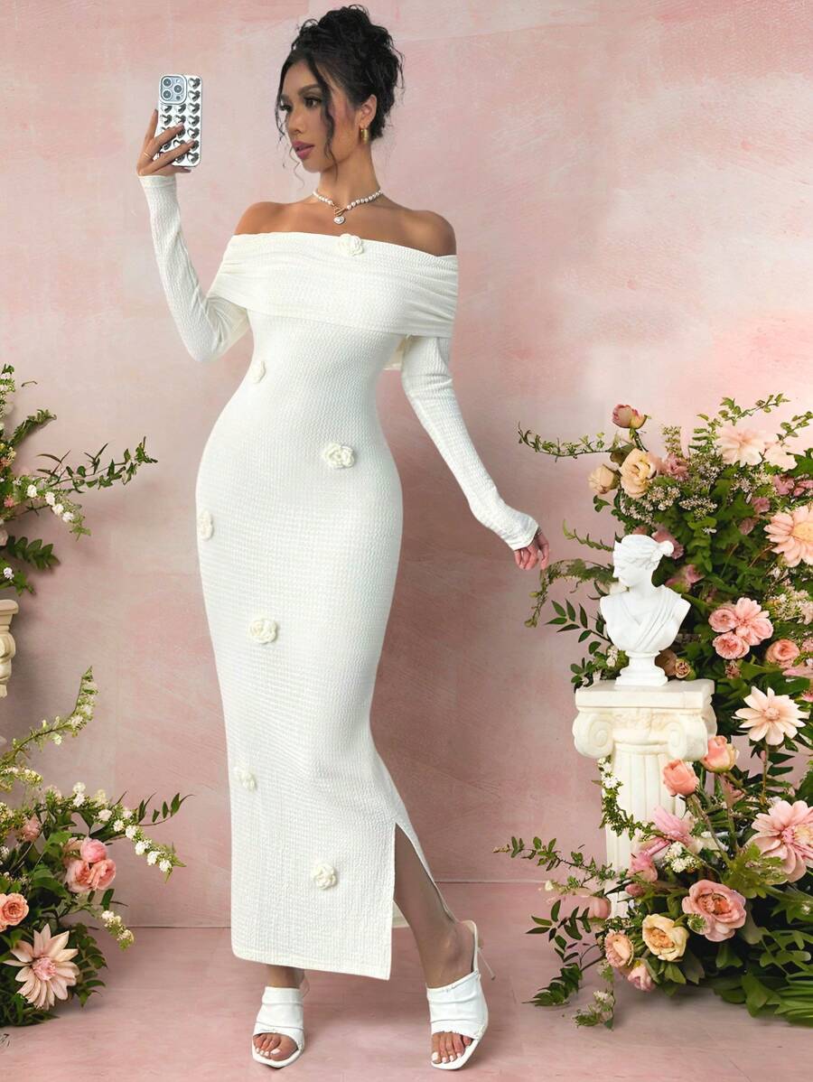 Rafferiza Elegant Work Apricot Color Off-Shoulder Long Sleeve Floral Elastic Fitted Dress, Autumn Winter Maxi Women Outfit Fall Cloth For Women - Apricot - View 1