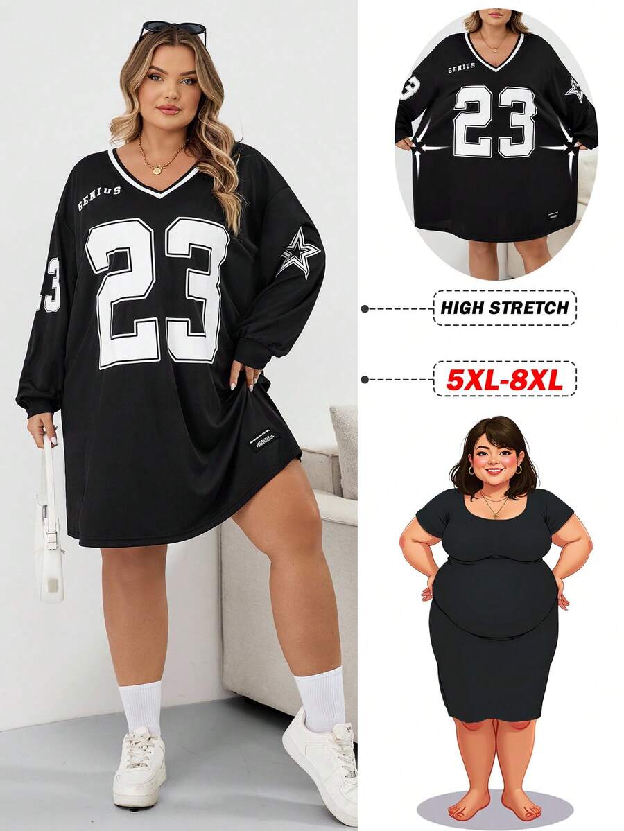 SHEIN CURVE+ Vestido camiseta casual de calle con cuello en V para mujer de talla grande, manga larga con estampado de letras, otoño/invierno