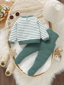 SHEIN 可爱小熊提花图案新生儿服装，圆领长袖条纹上衣搭配高腰护腹连体裤，休闲简约风格，适合日常穿着，宝宝穿着舒适可爱 - 綠色 - 查看 2