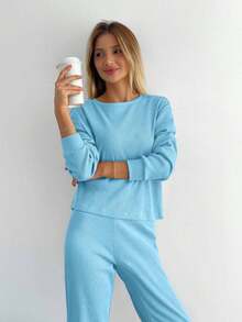 SHEIN Cottnline تي شيرت وبنطال قطني بلون موحد مضلع للنساء، للنساء الصغيرات - أخضر - مشاهدة 5