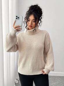 Elenzga Plus Size Women's Solid Color High Neck Dropped Shoulder Long Sleeve Casual Loose Sweater Fall Winter Cloth For Women Autumn - Apricot - View 3