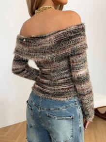 SHEIN EZwear 女式条纹露肩长袖休闲修身T恤 - 彩色 - 查看 2