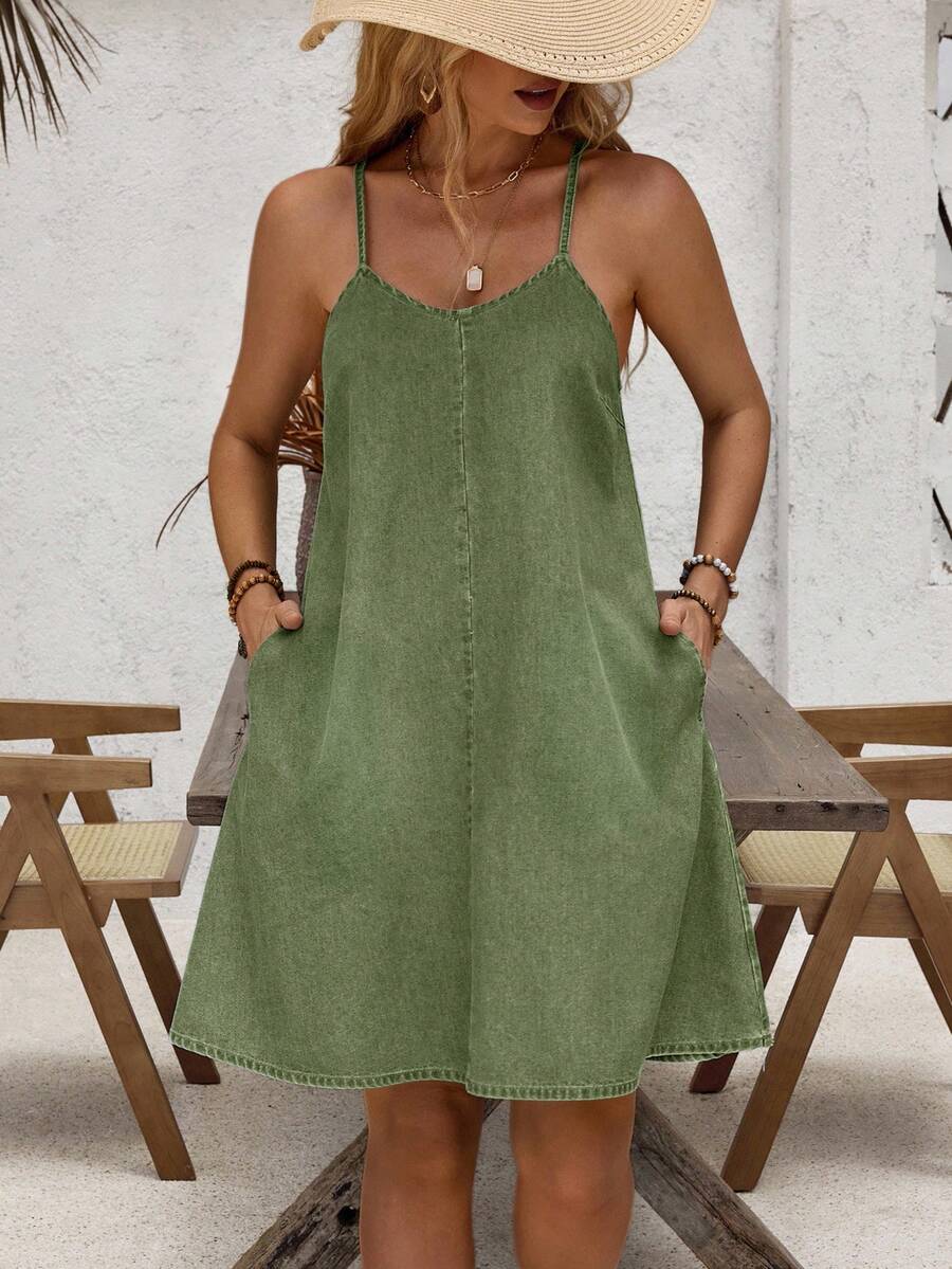 EMERY ROSE 女式休闲度假时尚口袋牛仔吊带裙 - 綠色 - 查看 1