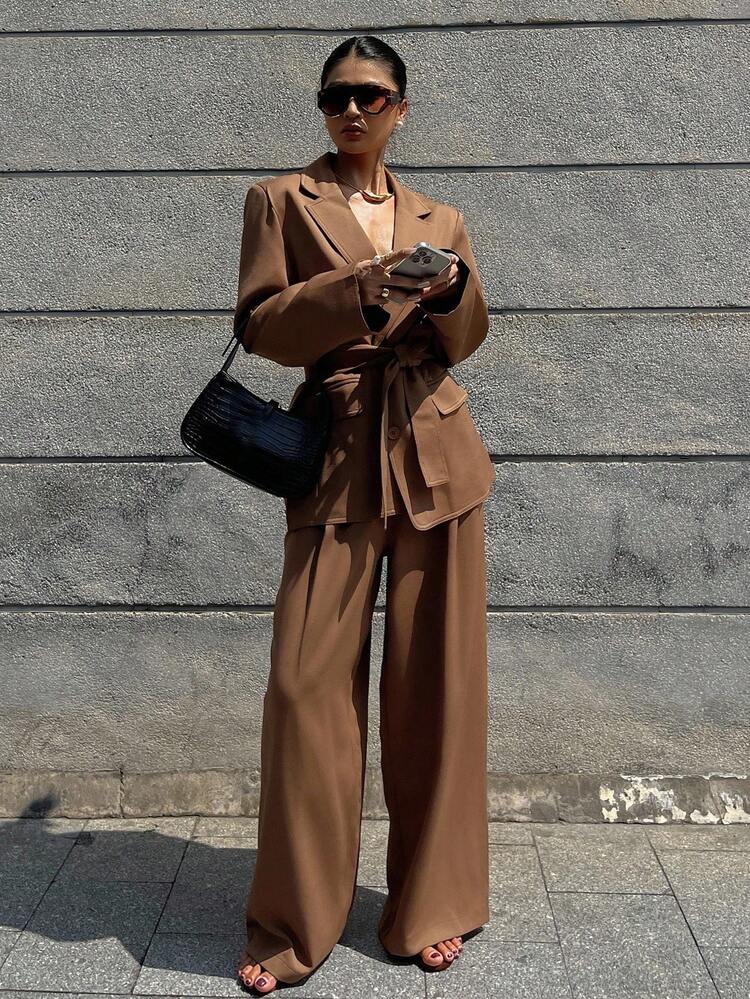 Loose Waist Fashionable Suit Jacket & High Waist Pleated Pants 2 Pieces Set, Minimalist & Comfortable