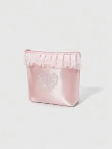 ROMWE Kawaii 刺绣蝴蝶结花边小桶纸巾盒、化妆包、旅行卫生巾收纳袋、礼品零钱包 - 粉色 - 查看 4