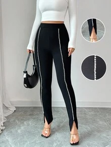 Selianne Women's Black Tights Contrasting Pearl Ribbon Knitted Texture Split Hem Leggings,Black And White,Summer,Classy,Party Leg-Lengthening Office Trousers - Black - View 5