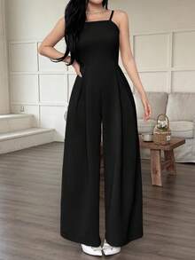 MYSTAURA Damen Sommer Lässig Alltag Pendler einfarbig gefalteter weiter Beinschlitz Jumpsuit - Schwarz - Übersicht 4