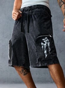 ROMWE MEN Street Life 男式火焰印花休闲宽松双腰带做旧水洗短裤 - 黑色 - 查看 4