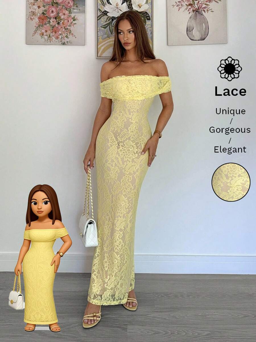 Siren Gaze 2025秋季女装新品！秋季必备单品 - 奶油黄碎花蕾丝露肩鱼尾下摆修身优雅连衣裙，生日、婚礼宾客、办公室工作、约会之夜、外出、早午餐、返校节和音乐会的完美之选，秋季女士服装之选 - 黃色 - 查看 1