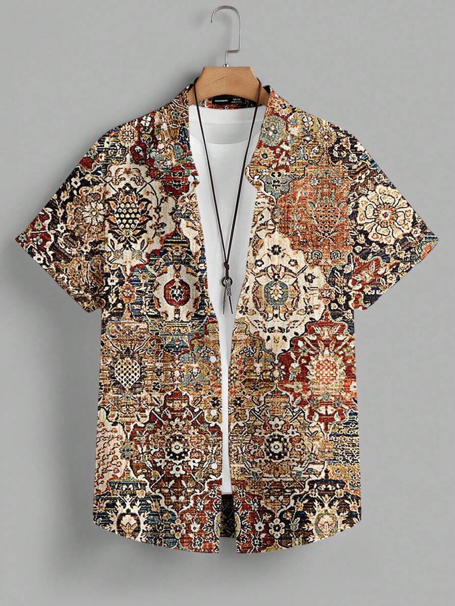 Manfinity Homme Comman Vase Carpet Retro Pattern Casual Men's Plus Size Short Sleeve Polo Shirt - Khaki - View 1