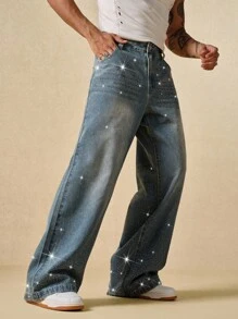 ROMWE MEN Street Life Casual Loose Straight Comfortable Rhinestone Embellished Jeans - Light Wash - View 4