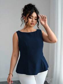 Elenzga Áo cánh không tay buộc eo hở lưng màu trơn cỡ lớn thời trang cho nữ - Màu xanh hải quân - Xem 3