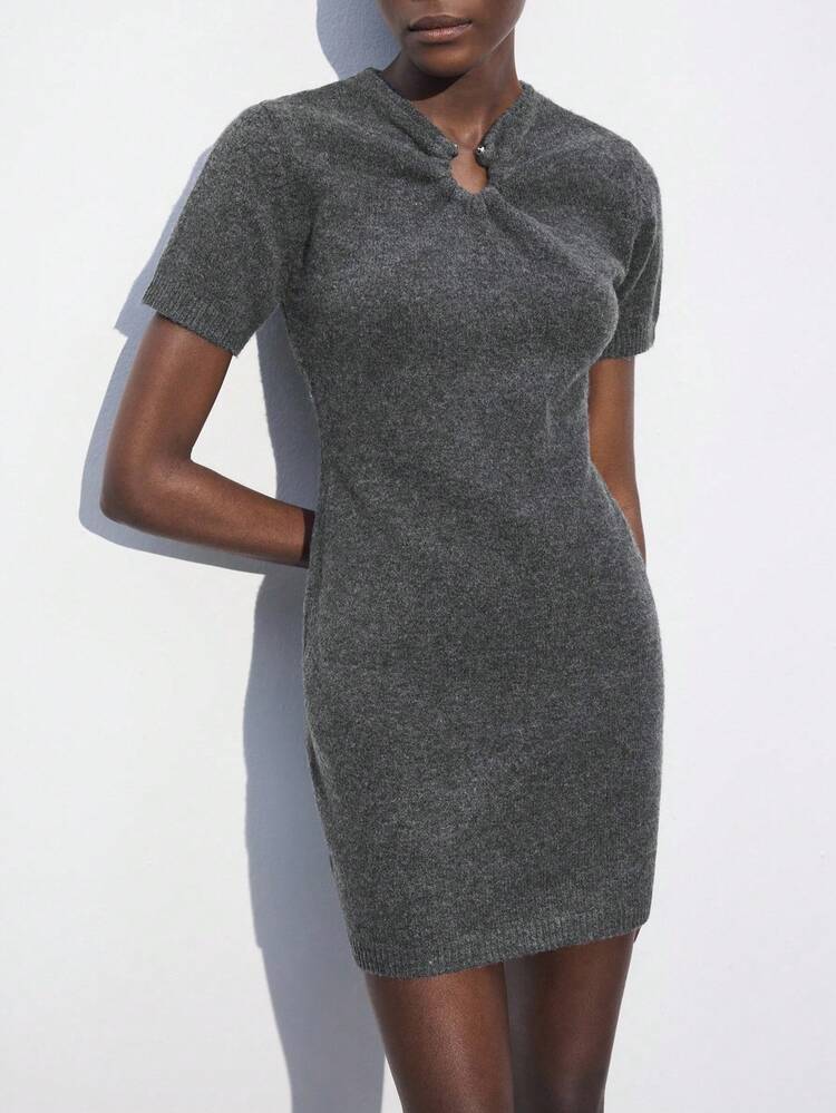 SHEIN Maija Elegant Gray Knitted Dress For Women, Suitable For Outings, Vacations, Holidays, Parties, Dates, Vintage Style, Spring