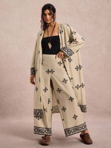 SHEIN LUNE 大码女式花卉印花荷叶边袖开襟夹克和裤子宽松两件套 - 卡其色 - 查看 4