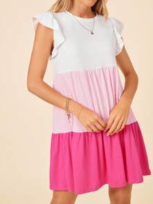 Coeurva Vestido informal de mujer con parches tejidos, cuello redondo, manga corta y bloque de color para primavera/verano - Rosa - Ver 7