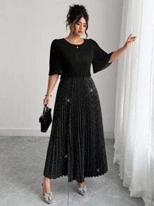 Elenzga Elegantes plissiertes Chiffonkleid in Unifarbe in Große Größen, geeignet für Partys, Frühling/Sommer - Schwarz - Übersicht 5