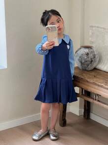 SHEIN 女童蓝色条纹撞色学院风长袖连衣裙，时尚优雅的学院风装扮 - 藍色 - 查看 3
