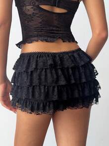 Aloruh Women's Fall/Winter New Halloween Black Sexy Punk Rock Bohemian Music Festival Y2K Black Lace Tiered Ruffle Super Short Shorts, New Lace Ultra Low Waist Shorts,Black Lace Ruffle Shorts. - Black - View 2